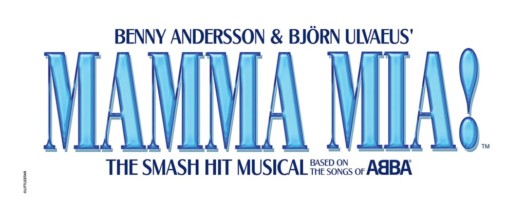 Logo for the musical 'Mamma Mia!' by Benny Andersson and Björn Ulvaeus, featuring a colorful design with the title and the text 'The smash hit musical based on the songs of ABBA.'