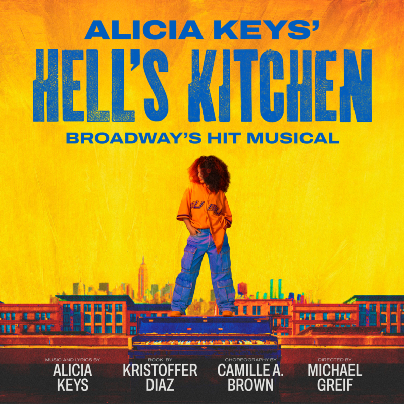 Promotional poster for Alicia Keys' musical 'Hell's Kitchen' featuring a child standing on a piano in front of a colorful New York City skyline.