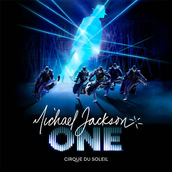 Promotional image for Cirque du Soleil's Michael Jackson ONE featuring dancers in costumes and a blue silhouette of Michael Jackson in the background.