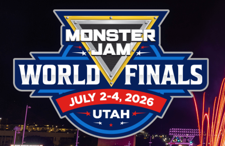 Monster Jam World Finals logo with event dates July 2-4, 2026, in Utah.