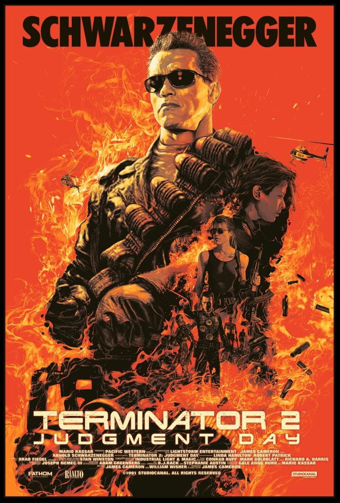 Movie poster for 'Terminator 2: Judgment Day' featuring a character in sunglasses amidst flames, with additional characters and a helicopter in the background.