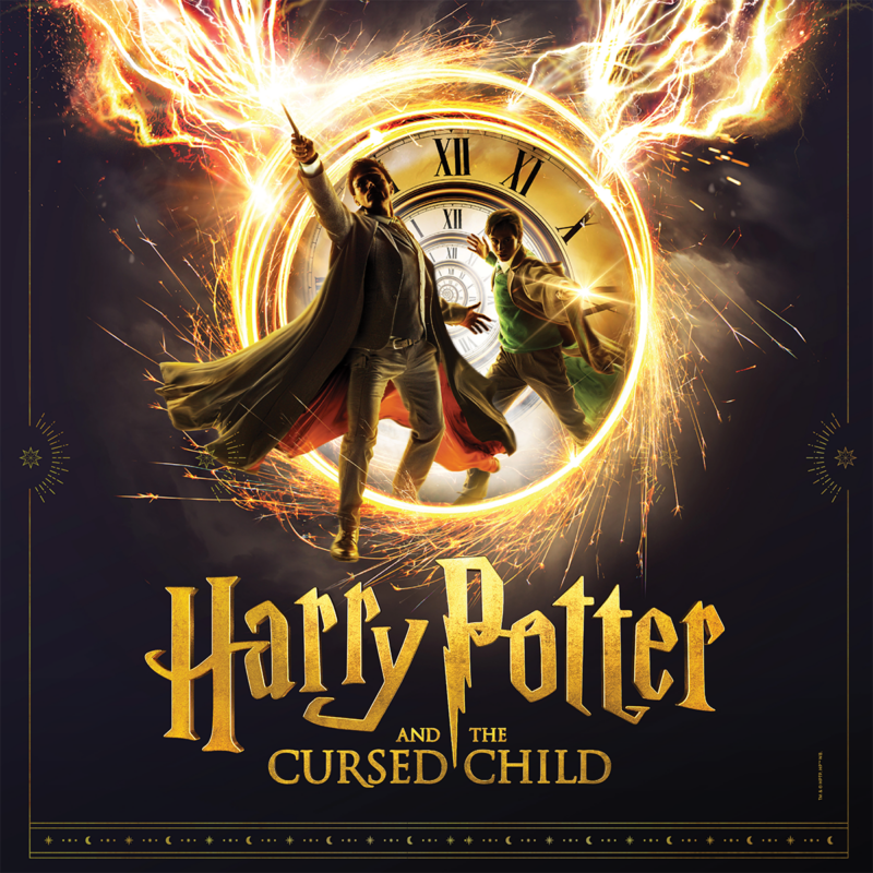 Promotional artwork for 'Harry Potter and the Cursed Child' featuring two characters casting spells, surrounded by magical sparks and a clock.