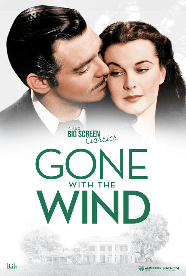 Promotional poster for 'Gone With the Wind', featuring a close-up of a man and woman in a romantic embrace, with the movie title prominently displayed in green.