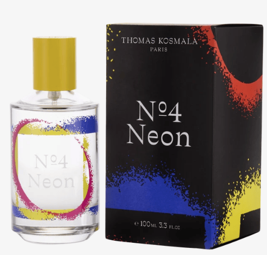 A bottle of Thomas Kosmala N⁰4 Neon perfume with a yellow cap next to its colorful packaging, featuring vibrant splashes of paint.