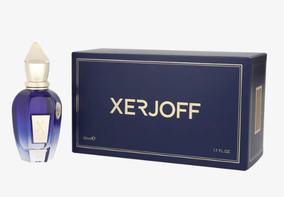A luxurious blue perfume bottle with a gold cap beside a matching blue box labeled 'XERJOFF', containing 1.7 fl oz (50 ml) of fragrance.