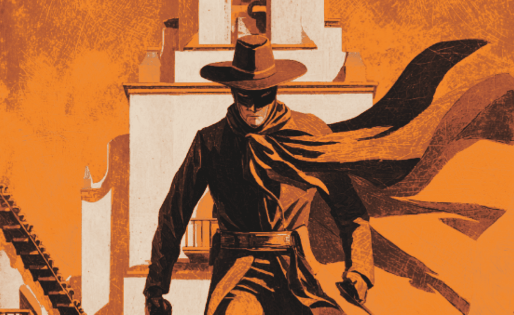 A masked figure in a wide-brimmed hat and cape stands confidently in front of a stylized orange backdrop, suggesting a western or heroic theme.
